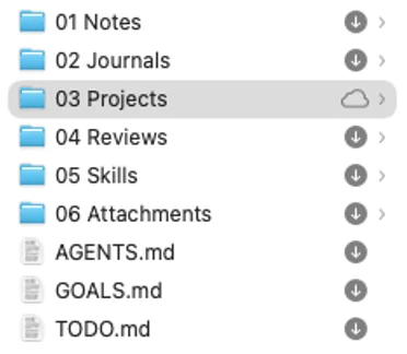 Finder window: the top level of a Second Brain with the folders 01 Notes, 02 Journals, 03 Projects, 04 Reviews, 05 Skills, 06 Attachments and the files AGENTS.md, GOALS.md and TODO.md.